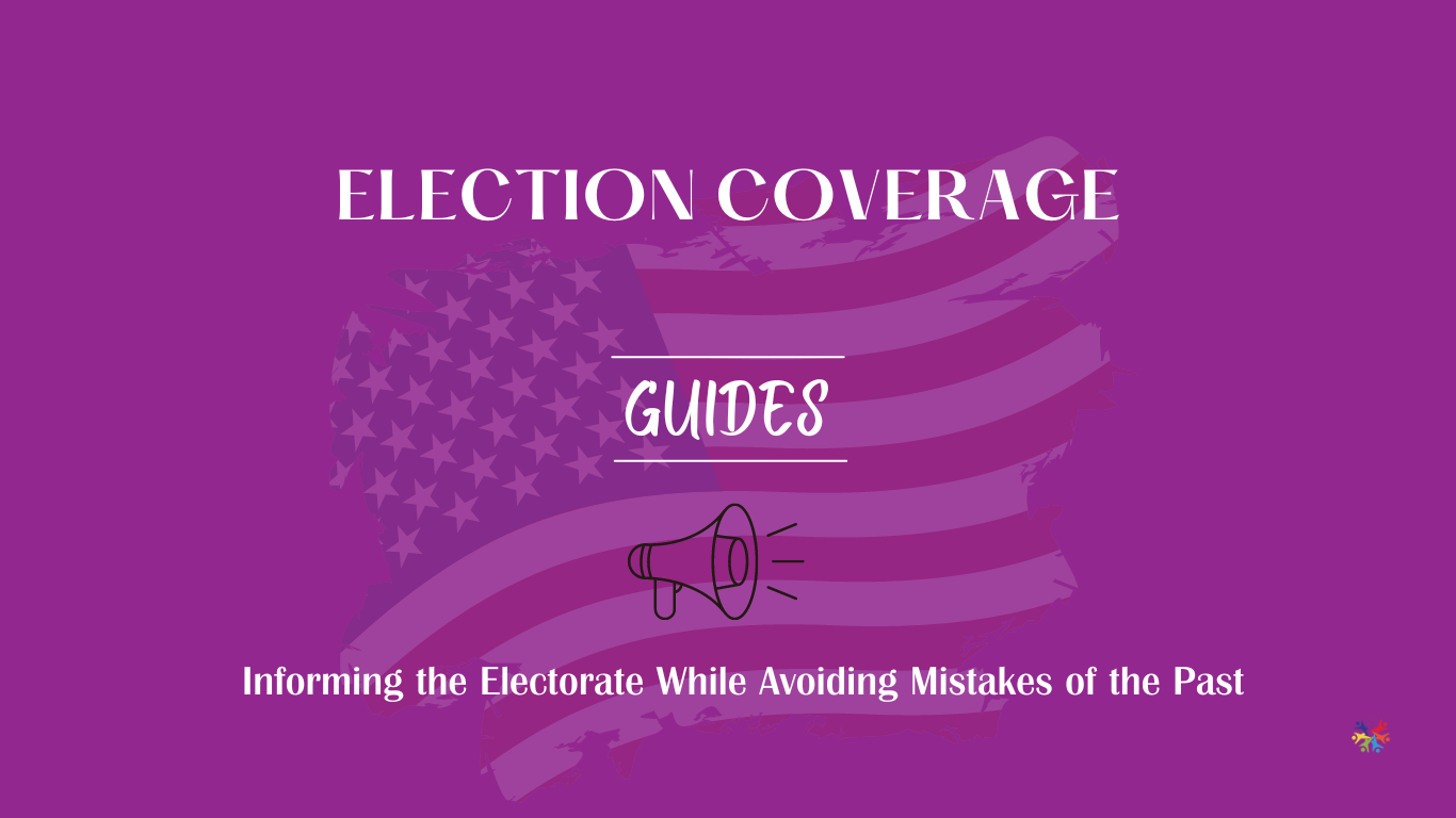 This image is purple and has an american flag in the background. It says Election Coverage guides.