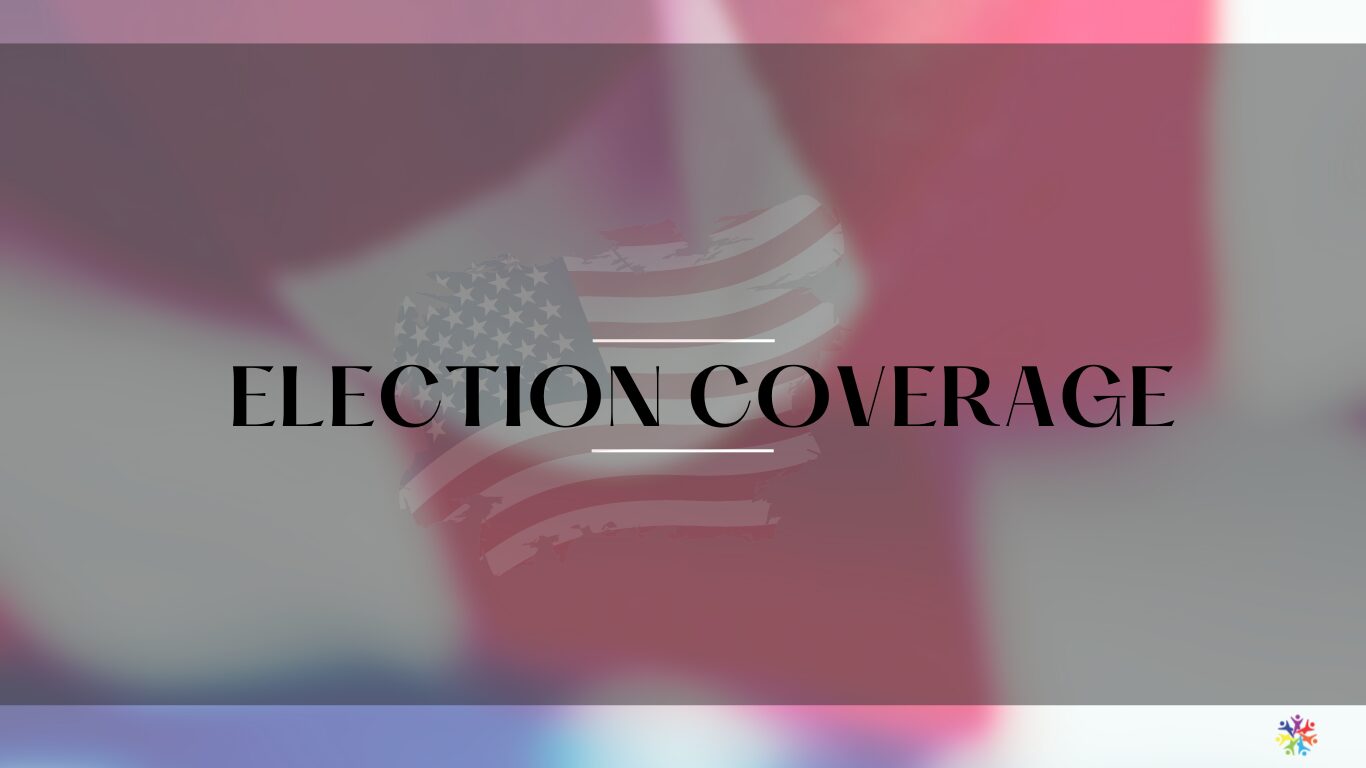 This image features a background of red, white and blue and says Election Coverage.